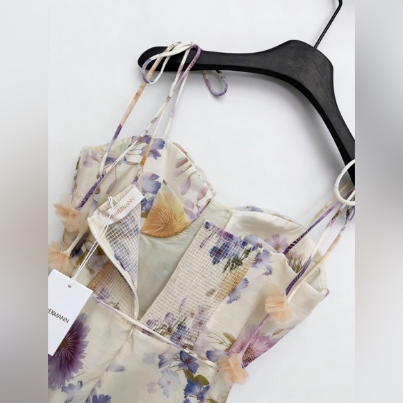 Zimmermann Cream Midi Dress with Purple and Yellow Floral Print - Picture 4 of 6
